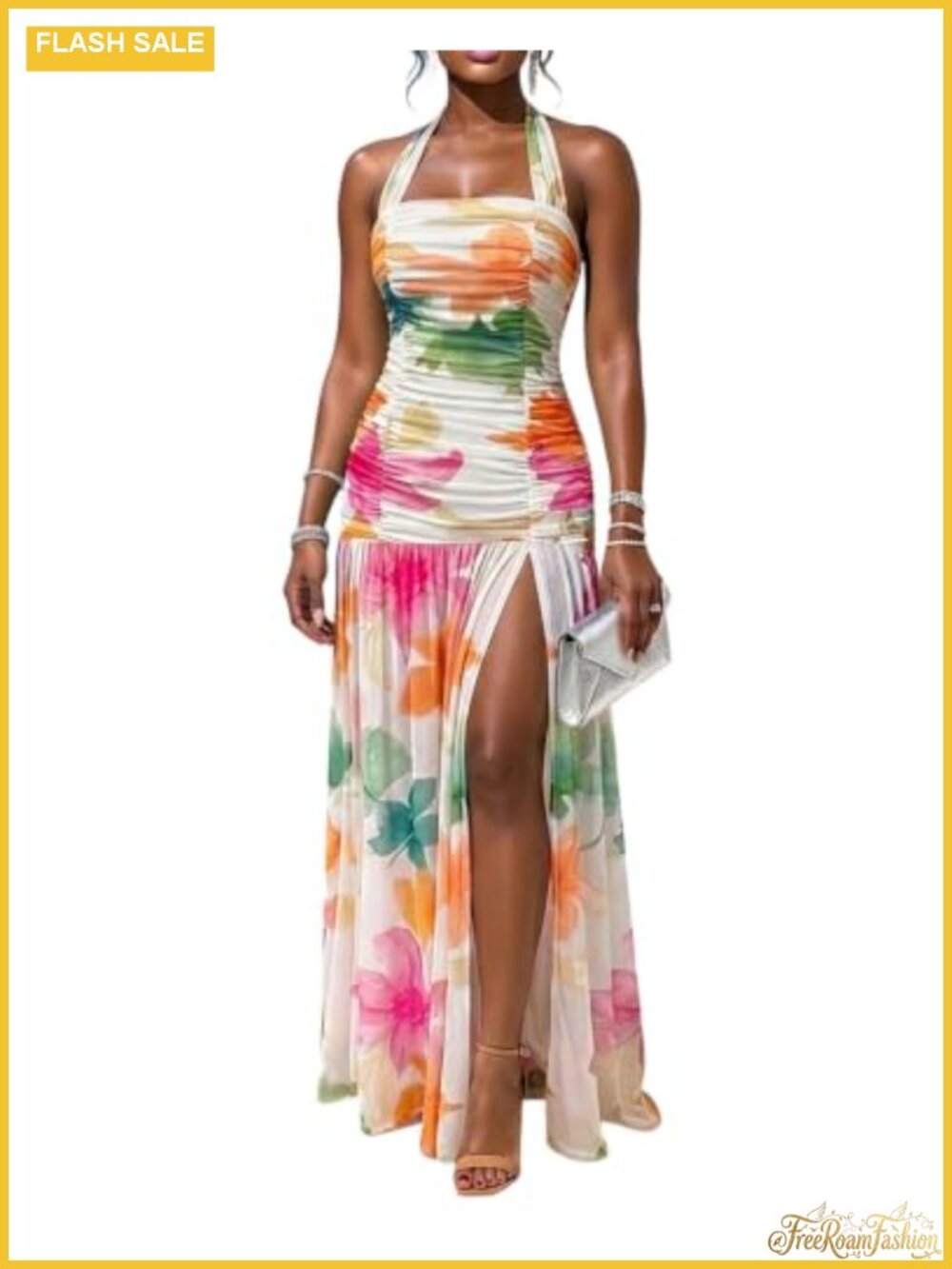 Women's Halter Maxi Dress Backless Ruched Mermaid Hem Sleeveless Bodycon